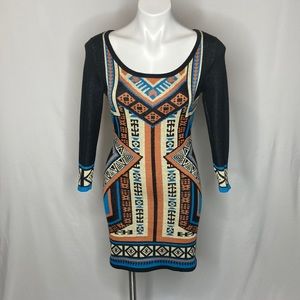 Flying Tomato, Aztec/Geometric Long Sleeve Mini Sweater Dress, Small